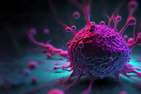 Różowa, kolczasta komórka nowotworowa, symbolizująca wyzwanie dla immunoterapii, otoczona mniejszymi kulkami na ciemnym tle.