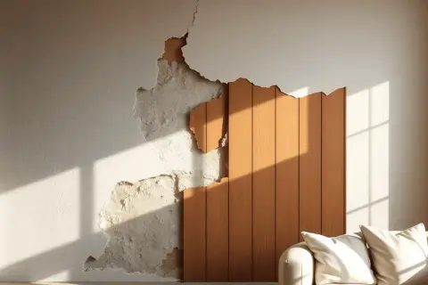 Une solution créative pour comment cacher un vilain mur intérieur : un panneau de bois chaleureux recouvre une partie abîmée, créant un contraste texturé.