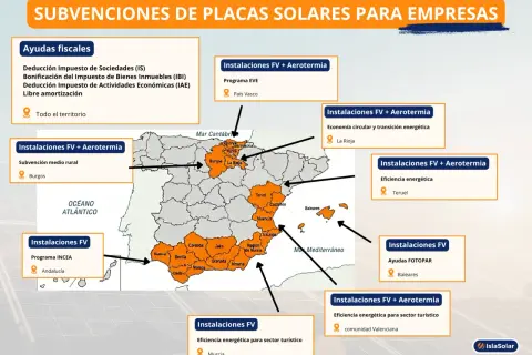 Mapa de España con ayudas para placas solares. Aprende cómo solicitar subvención europea placas solares en diferentes regiones.
