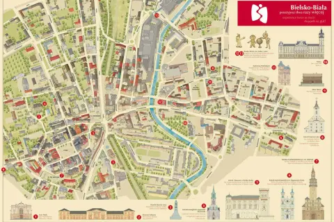 Mapa Bielska-Białej z zaznaczonymi atrakcjami dla dzieci i okolic. Znajdziesz tu m.in. Teatr Polski, Zamek i Muzeum, Kościół Marcina Lutra.