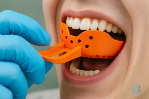 Dentysta w niebieskiej rękawiczce wprowadza pomarańczowy wycisk do ust, pokazując, jak się robi wycisk zębów do protezy.
