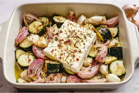Gebackene Zucchini mit Feta, roten Zwiebeln und Knoblauch in einer Auflaufform, bereit für den Ofen.