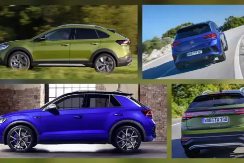 VW Taigo wymiary: zielony i niebieski SUV na tle natury i industrialnych wnętrz. Dynamiczne ujęcia podkreślają jego sportowy charakter.
