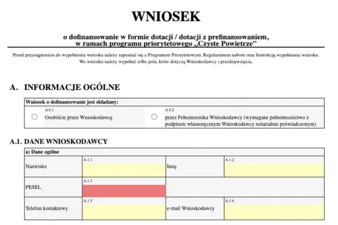 Wniosek o dofinansowanie w ramach programu "Czyste Powietrze". Formularz zawiera sekcje "Informacje ogólne" i "Dane wnioskodawcy", gdzie wpisuje się nazwisko, PESEL i dane kontaktowe.