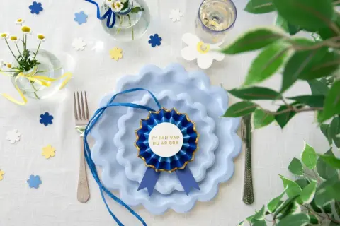 Blå tallrikar med en rosett som säger "Fy fan vad du är bra". Perfekt student dekoration inspiration med blommor och konfetti.
