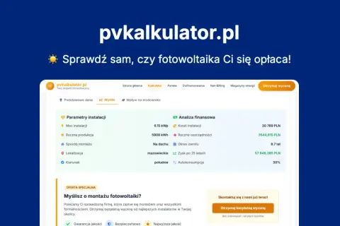 Ekran kalkulatora fotowoltaiki z danymi o instalacji i analizą finansową.