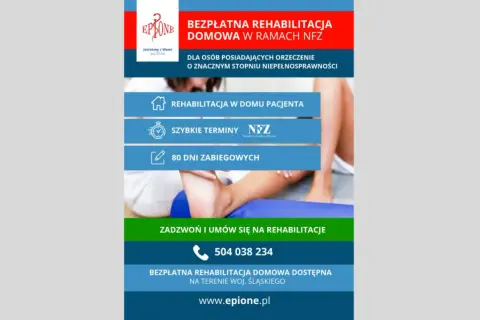 Grafika z napisem "Bezpłatna rehabilitacja domowa w ramach NFZ", ikonami i zdjęciem nogi pacjenta.