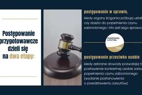 Młotek sędziowski i tekst o postępowaniu przygotowawczym w sprawie karnej. Adwokat sprawa karna.