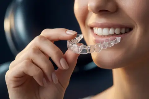 Donna sorride mostrando un aligner trasparente, ma le opinioni negative su Invisalign sono un pensiero ricorrente.