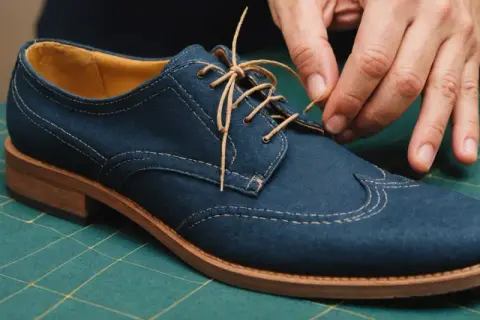 Ręce sznurują eleganckie, granatowe buty na zielonej macie. Proces jak zszyć buty krok po kroku.