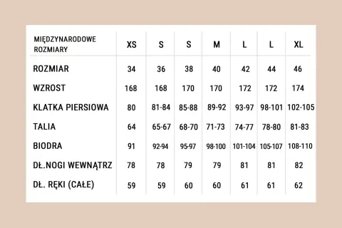 Tabela rozmiarów odzieży. Najmniejszy rozmiar to XS, odpowiadający rozmiarowi 34, wzrostowi 168 cm i obwodom: klatka 80 cm, talia 64 cm, biodra 91 cm.
