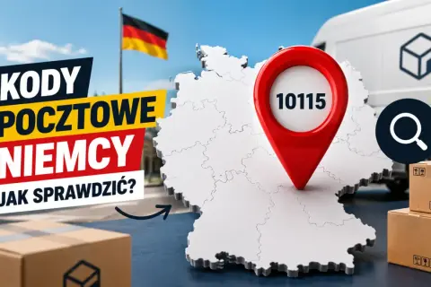 Kody pocztowe Niemcy: mapa z pinezką 10115, flagą Niemiec, budynkami i paczkami.