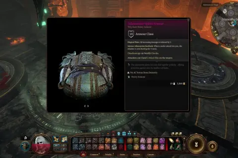 Zbroja z kuźni adamantyny w Baldur's Gate 3. Ciężka zbroja zredukuje obrażenia i sprawi, że atakujący zostaną odrzuceni.