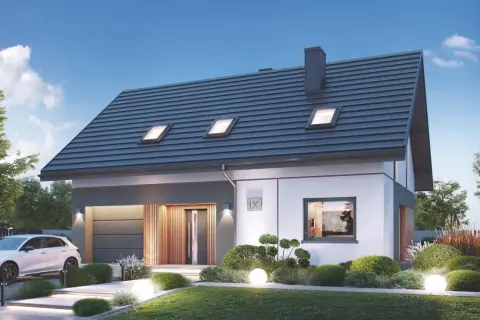 Nowoczesny projekt domu 50m2 z garażem, dużym oknem i drewnianymi elementami. Biała elewacja, szary dach, zadbany ogród z oświetleniem.