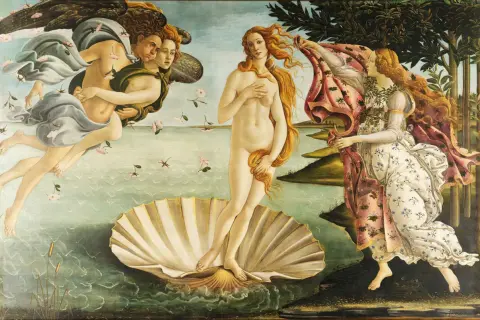 Narodziny Wenus, jedno z najsłynniejszych **sandro botticelli dzieła**. Wenus na muszli, wiatr i bogini wiosny.