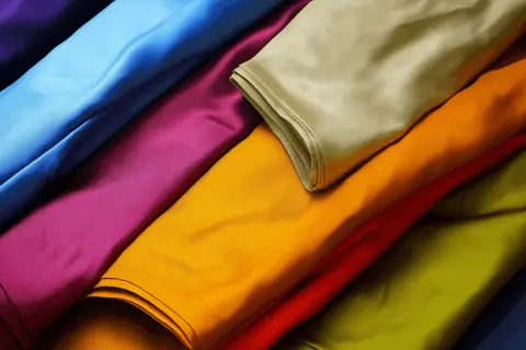Bunte Stoffbahnen, die an die Viskose Herstellung erinnern. Leuchtende Farben wie Blau, Lila, Gelb und Grün sind übereinandergelegt.