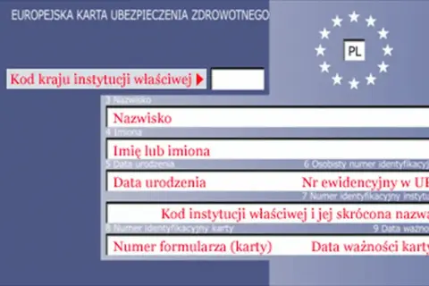 Europejska Karta Ubezpieczenia Zdrowotnego, potwierdzająca przynależność do NFZ. Widoczne pola na dane osobowe i identyfikacyjne.