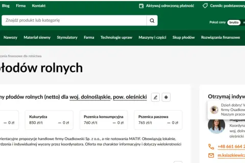 Osadkowski ceny skupu zbóż: rzepak, kukurydza, pszenica konsumpcyjna i paszowa (netto) dla woj. dolnośląskiego, pow. oleśnickiego.