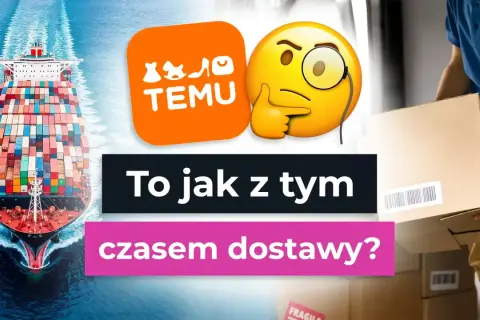 Paczka przyjęta w centrum logistycznym. Kontenerowiec, logo Temu, zastanawiający emoji i kurier niosący pudełko.