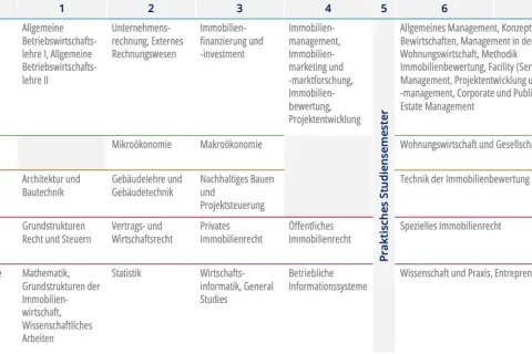 Studienplan für Real Estate Management in Deutschland: Fächer von BWL, VWL, Technik, Recht und weitere Inhalte über 7 Semester.