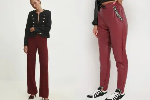 Dwie stylizacje z bordowymi spodniami: eleganckie z marynarką i na luzie z sneakersami.