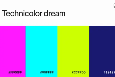 A "Technicolor dream" palette featuring vibrant colors: hot pink, electric cyan, lime green, and deep navy.