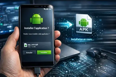 Installation d'un fichier apk android sur un smartphone. L'écran affiche "Installer l'application ?" avec les options "Annuler" et "Installer".
