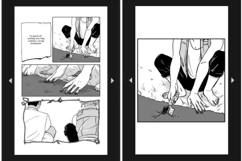 Lecture d'un bd sur Kindle. Une personne jardine, creusant la terre avec une petite pelle.