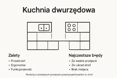 Jak zaprojektuj i wybuduj kuchnię dwurzędową? Schemat pokazuje układ, zalety i błędy.