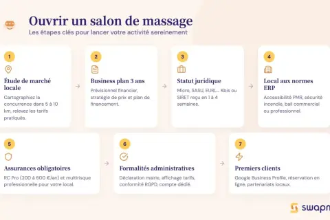 Les étapes pour ouvrir un salon de massage : étude de marché, business plan, statut juridique, local aux normes, assurances, formalités administratives et premiers clients. La réglementation du massage bien-être est essentielle.