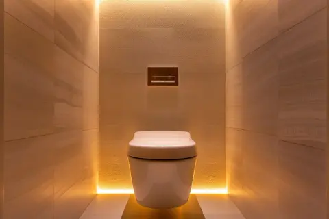 Une toilette suspendue blanche, nichée dans un alcôve aux murs de pierre, avec un éclairage LED subtil pour une deco wc moderne et apaisante.