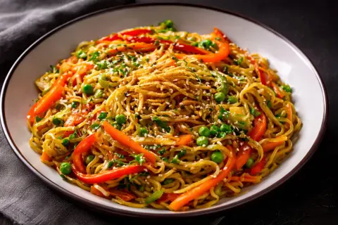 Eine Schüssel mit gebratenen chinesischen Nudeln, garniert mit Erbsen, Paprika und Sesam.