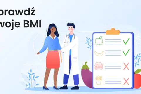 Lekarz mierzy pacjentkę taśmą, obok lista z produktami: jabłko, banan (zalecane), burger, frytki (niezalecane). Sprawdź swoje BMI.