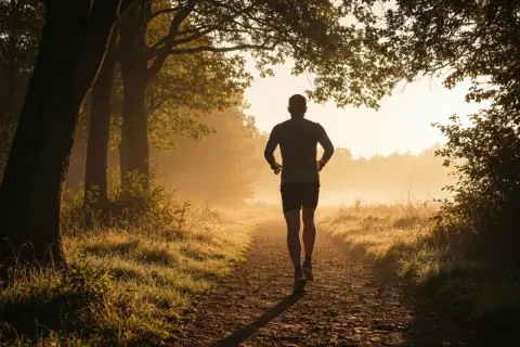 Un coureur solitaire sur un sentier boisé au lever du soleil, s'entraînant pour son semi-marathon, visant un certain pourcentage VMA.