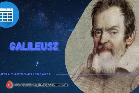Galileusz, wielki astronom, na karcie z astro-kalendarza. Tło nocnego nieba.