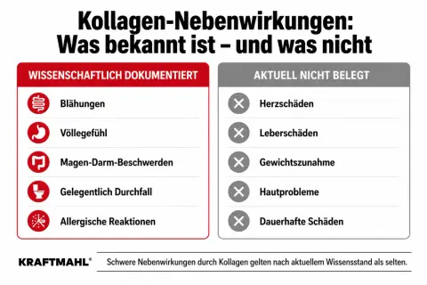 Kollagen-Nebenwirkungen: Blähungen, Völlegefühl, Magen-Darm-Beschwerden, Durchfall, allergische Reaktionen sind dokumentiert. Herz-, Leber-, Hautschäden und Gewichtszunahme sind nicht belegt.