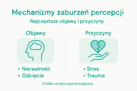 Zaburzenia percepcji, objawy: nierealność, odcięcie. Przyczyny: stres, trauma. DPDR może wpływać na poczucie rzeczywistości.