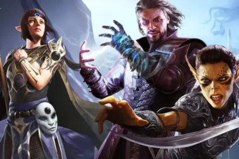 Trzy postacie z Baldur's Gate 3: elfka z laską, mężczyzna rzucający zaklęcie i goblin z mieczem. Gra dostępna na Switch.