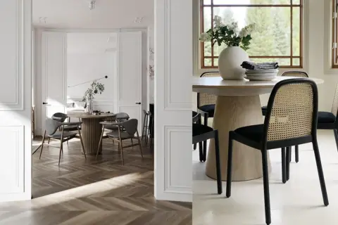 Två eleganta matplatser med runda bord och stolar. Perfekt för att dekorera runt matbordet med stil.