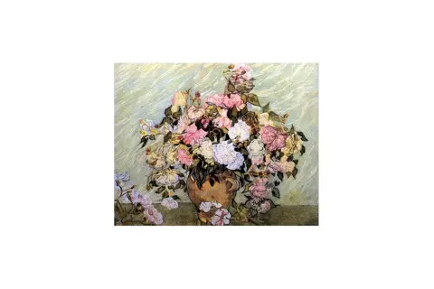 Martwa natura van Gogha: bukiet róż w wazonie, pełen pastelowych barw i dynamicznych pociągnięć pędzla.