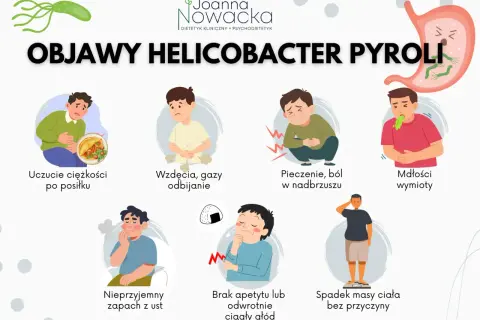 Grafika przedstawia objawy helicobacter pylori: uczucie ciężkości po posiłku, wzdęcia, pieczenie, mdłości, nieprzyjemny zapach z ust, brak apetytu lub głód, spadek masy ciała.