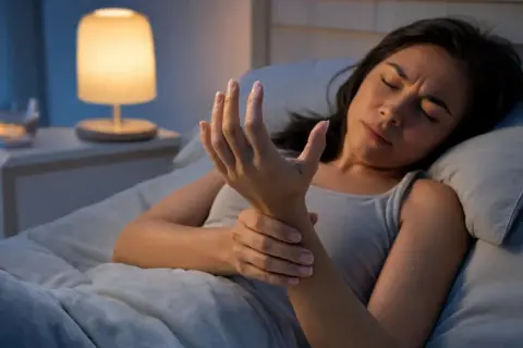 Donna a letto con polpastrelli addormentati, preoccupata per la circolazione.