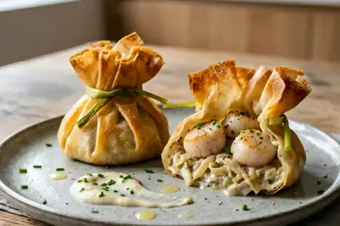 Deux petits sacs croustillants de pâte filo, l'un garni de Saint-Jacques et l'autre mystérieux. Une recette entrée originale et raffinée.