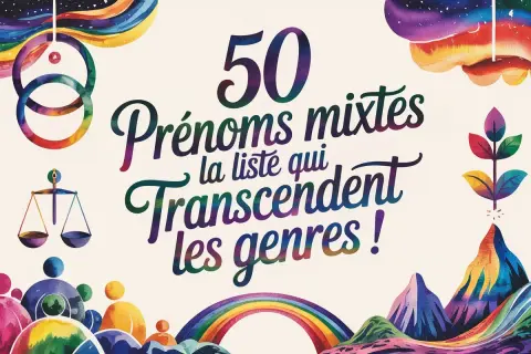 50 prénoms mixtes qui transcendent les genres ! Une liste colorée avec des symboles de diversité et d'égalité.