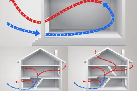 Illustration av luftflöden i hus. Blå pilar visar kall luft in, röda visar varm luft ut. Viktigt för att undvika att **radon farligt** samlas.