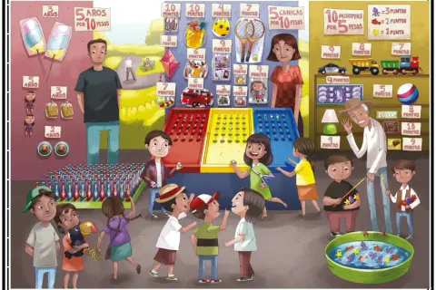 Niños jugando en una feria, intentando ganar premios en juegos de habilidad. Las láminas de expresión oral muestran los puntos y premios.