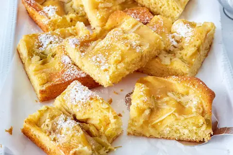Saftiger Apfelkuchen mit Apfelmus, bestäubt mit Puderzucker. Ein köstlicher Genuss für jeden Anlass.