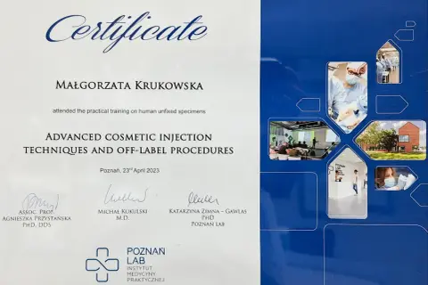 Certyfikat dla Małgorzaty Krukowskej za szkolenie z zaawansowanych technik iniekcji kosmetycznych. Agnieszka Przystańska, PhD, DDS, potwierdza jej udział.