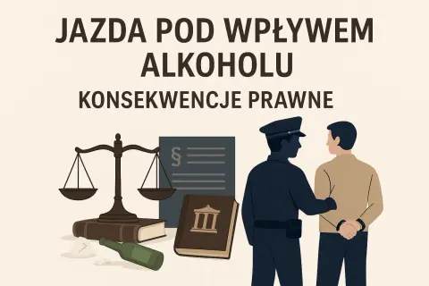 Policjant prowadzi zatrzymanego mężczyznę. Obok waga sprawiedliwości, księgi prawa i pusta butelka. Jazda po alkoholu ma poważne konsekwencje.