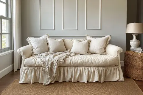 Przytulne wnętrza w stylu shabby chic: kremowa kanapa z falbaną, lniane poduszki i pled.